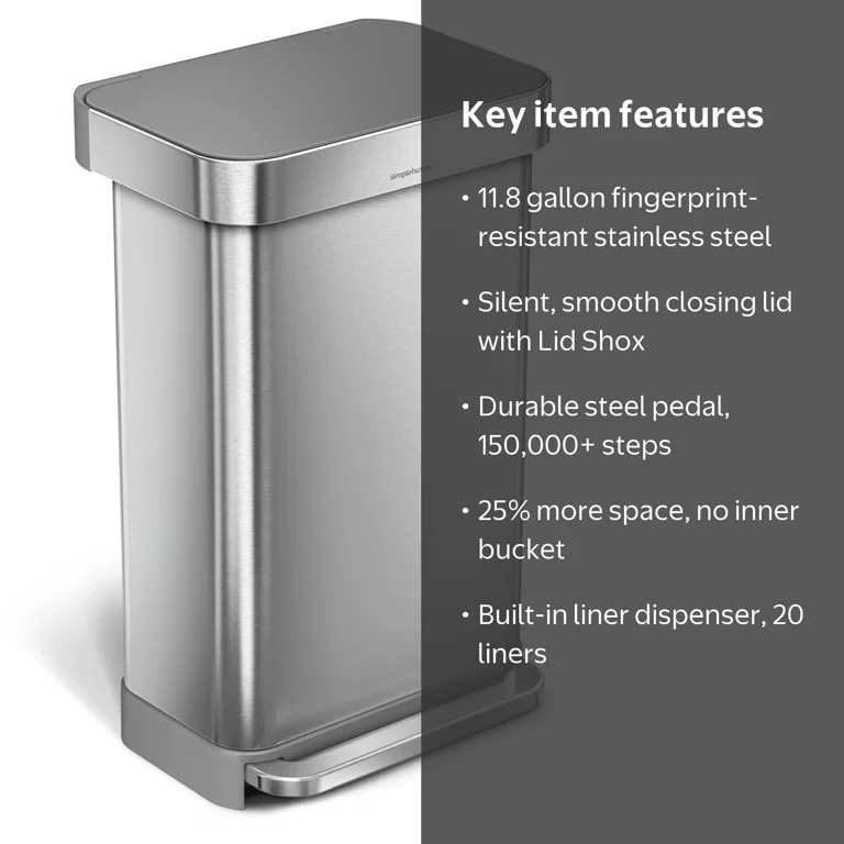 simplehuman, Kitchen Trash Can, 11.8 Gallon, Stainless Steel