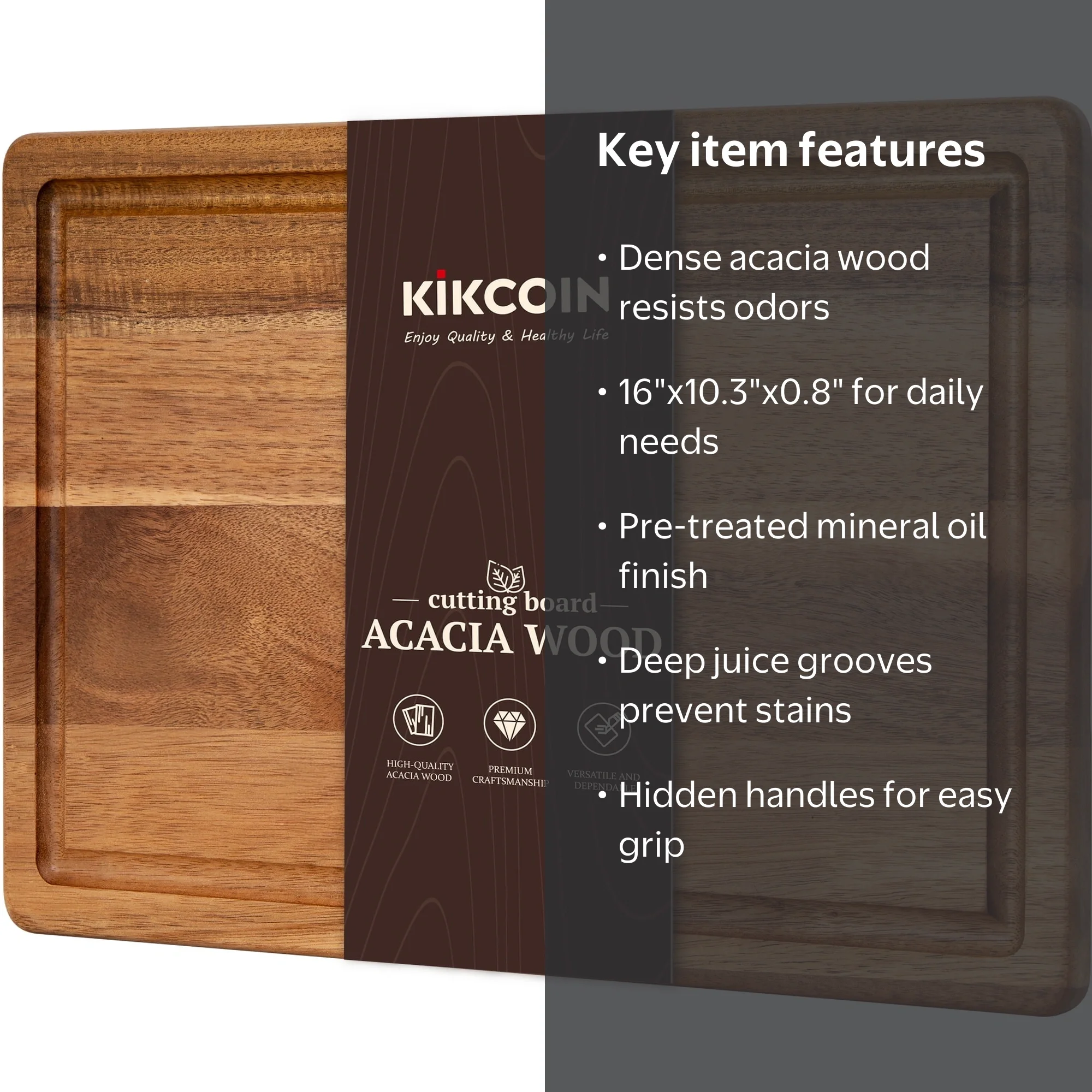 Kikcoin Acacia Wood Cutting Board, 16