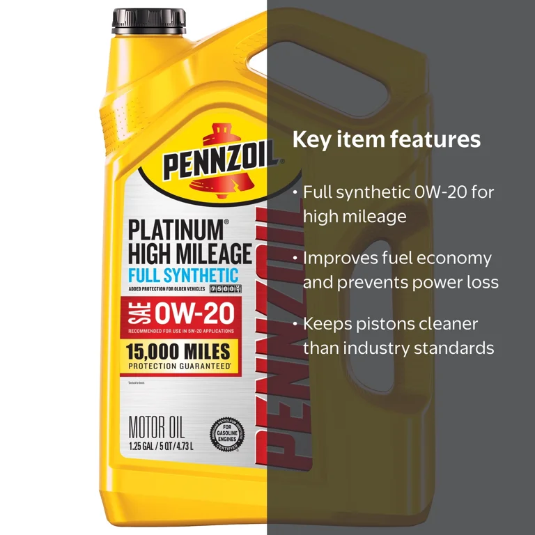 Pennzoil Platinum High Mileage Full Synthetic 0W-20 Motor Oil, 5