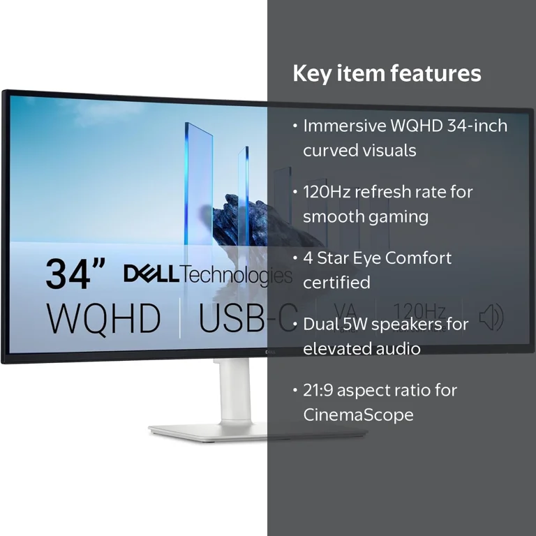 Dell, LED Curved Monitor, 34-inch UW-QHD, 21:9, Ash White