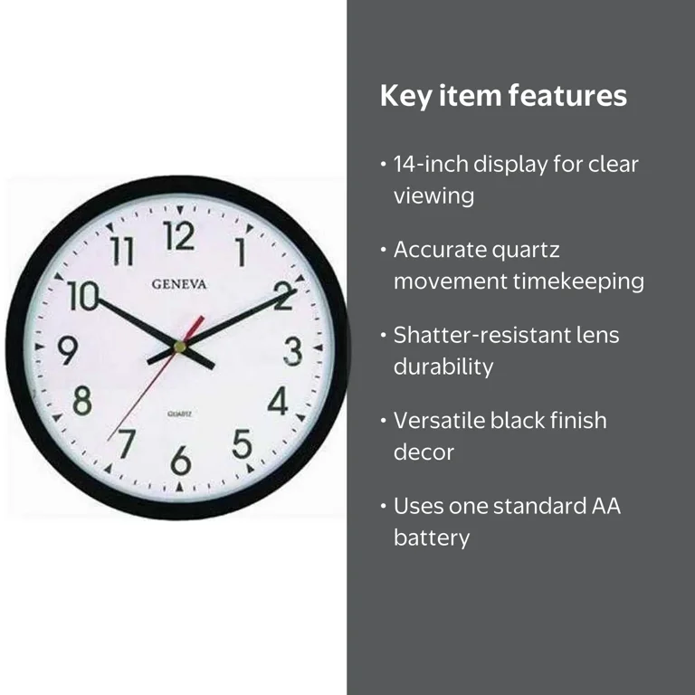 Geneva 14 Inch Quartz Analog Battery Operated Wall Clock, Black