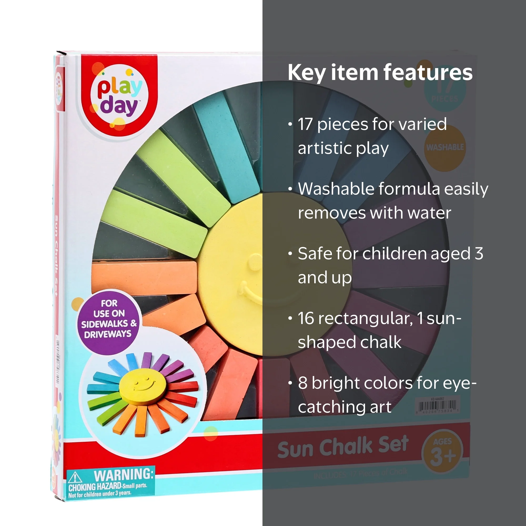 Play Day Kids Chalk Set, 17 Washable Multi-Color Chalks, Outdoor