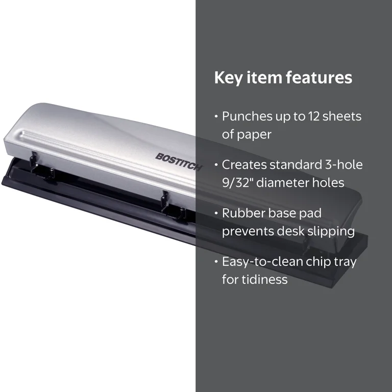BOSTITCH, Office 3 Hole Punch, 12 Sheets Capacity, Silver