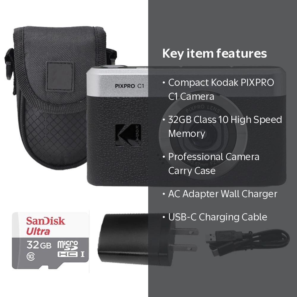 Kodak PIXPRO C1 Compact Digital Camera Black + 32GB Memory Card +