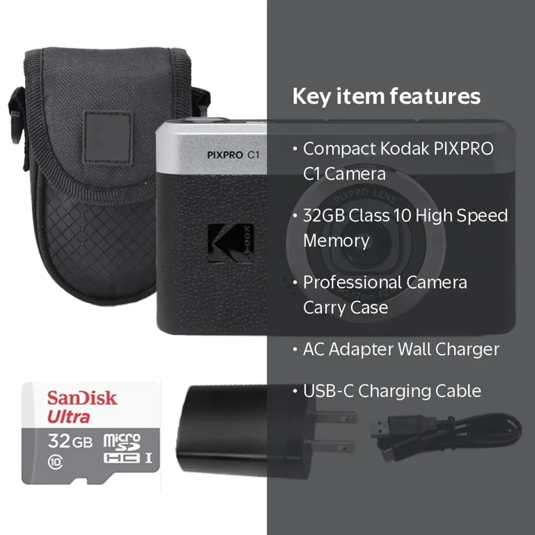 Kodak PIXPRO C1 Compact Digital Camera Black + 32GB Memory Card +