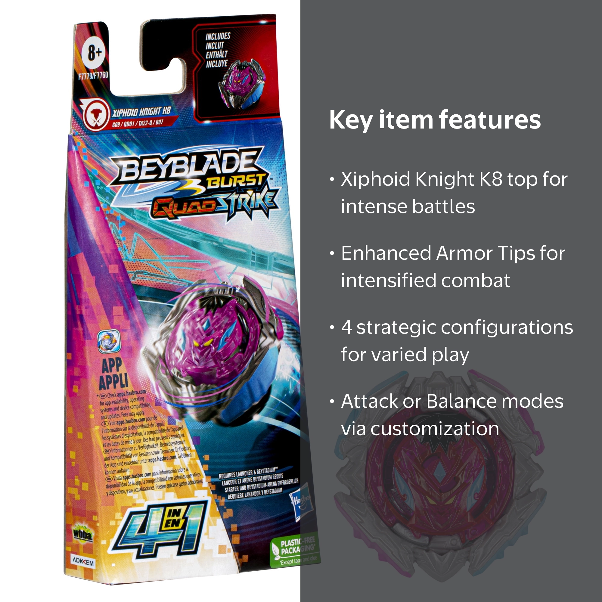 Beyblade, Spinning Top, K8 QuadStrike Xiphoid Knight, Single Pack