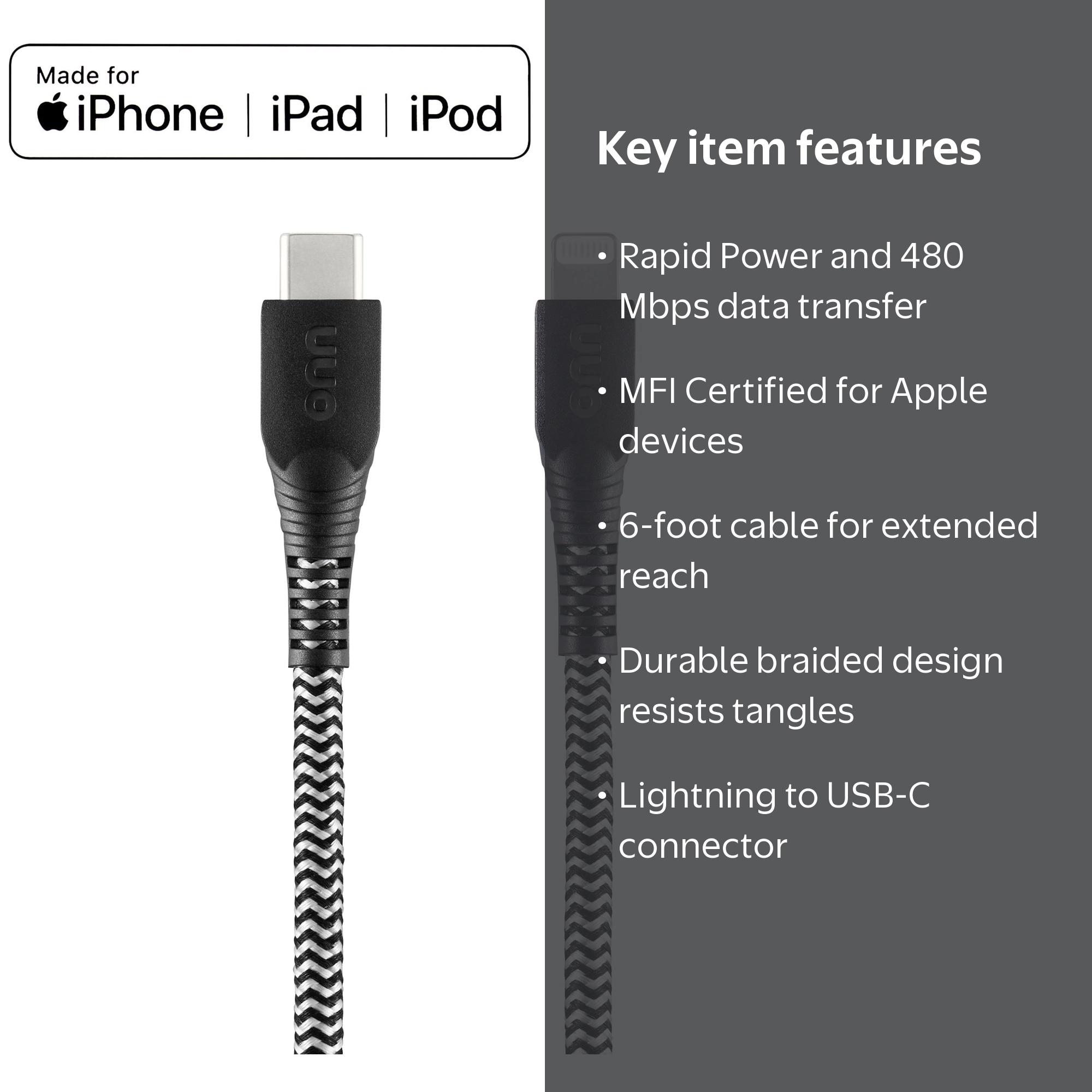 Onn+ 6ft Lightning to USB-C Braided Charging Cable Fast Charging