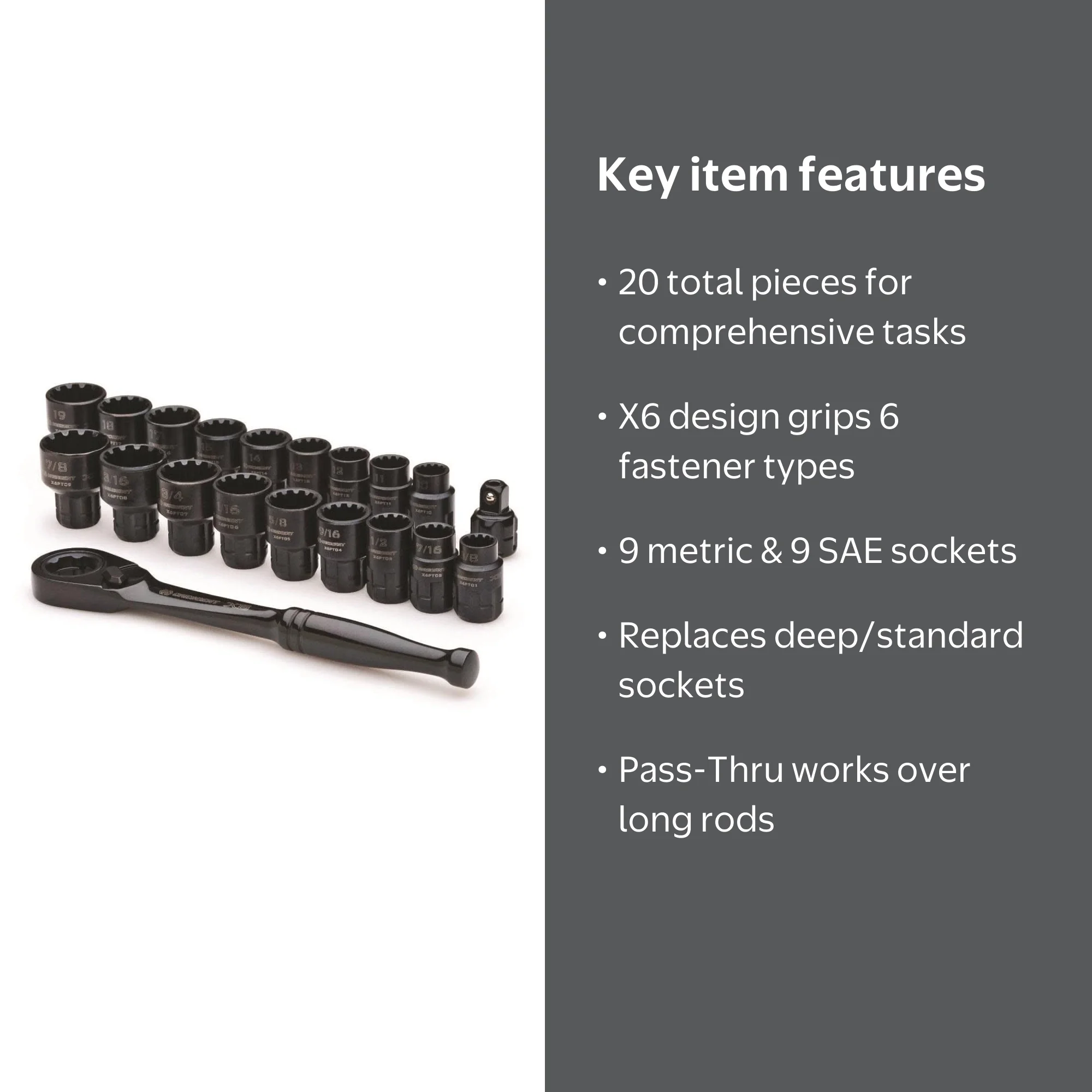 Crescent X6 Pass-Through Ratchet and Socket Set, 20-Piece