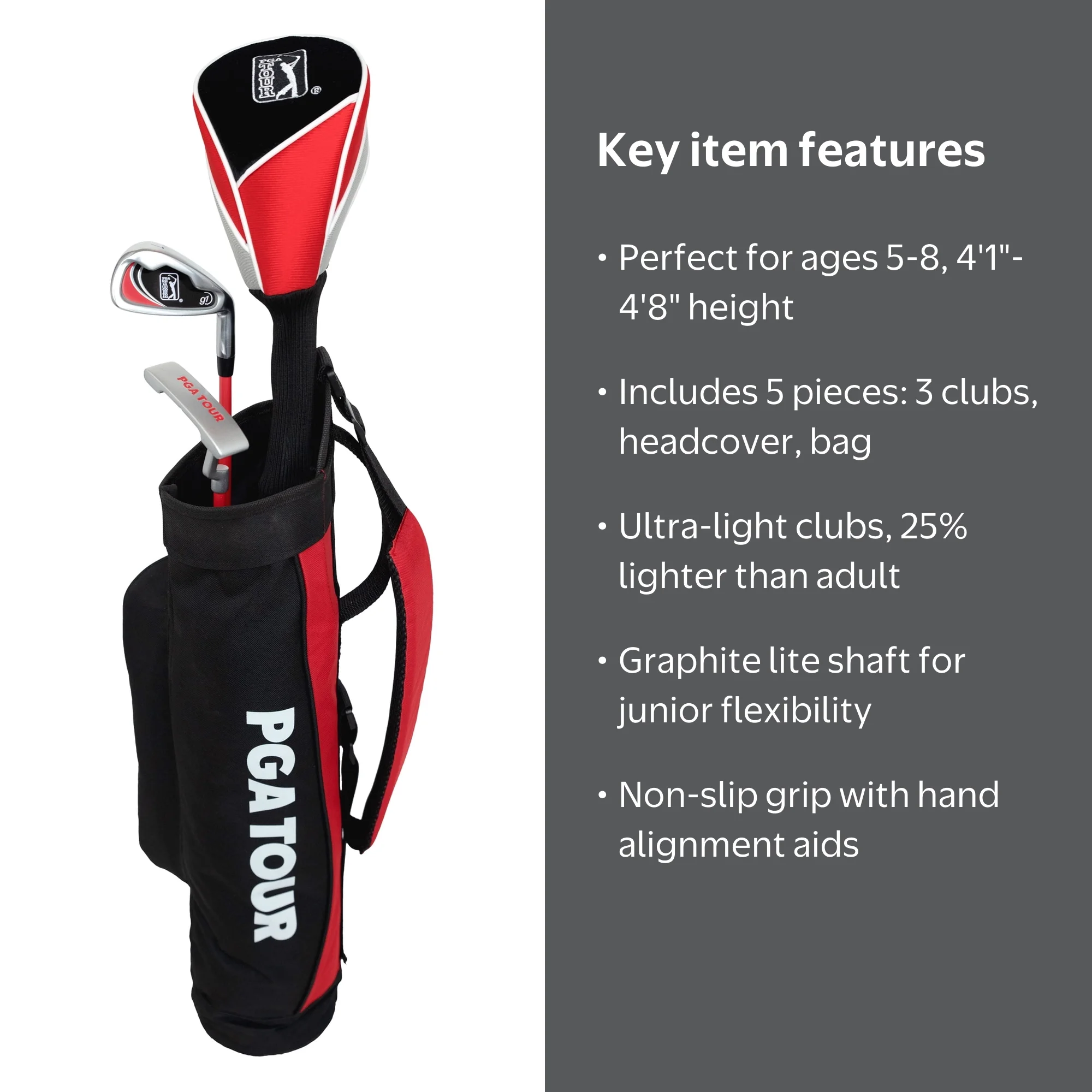 PGA TOUR, Kids Red Golf Club Set, 5 Piece, with 3 Clubs Carry Bag