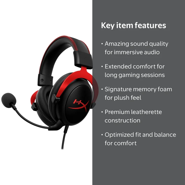 HP HyperX Cloud II, Wired Gaming Headset, Black-Red, Memory Foam