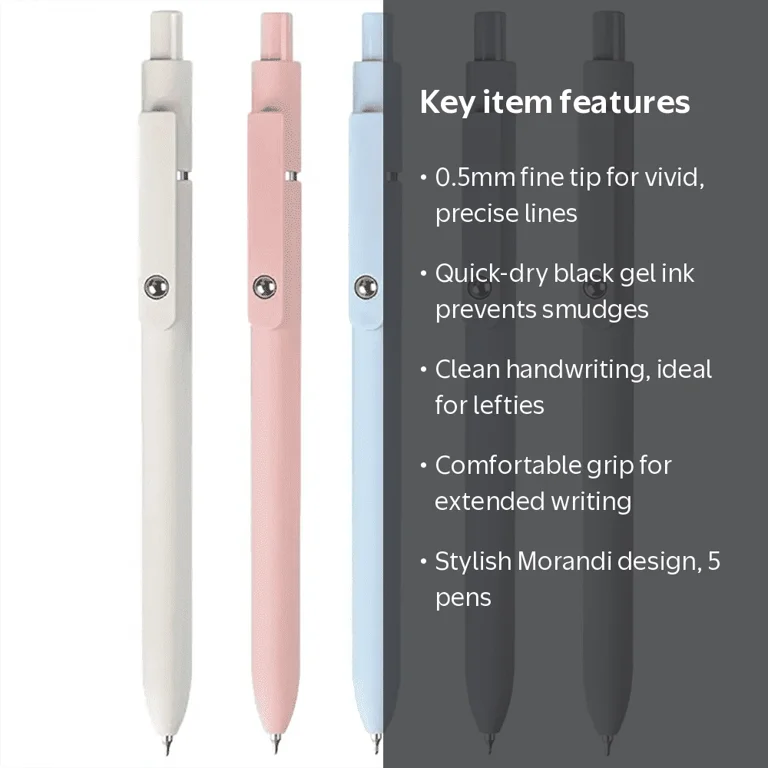 FIOVER 5PCS Fine Writing, Retractable Gel Ink Pens, 0.5mm No Smear
