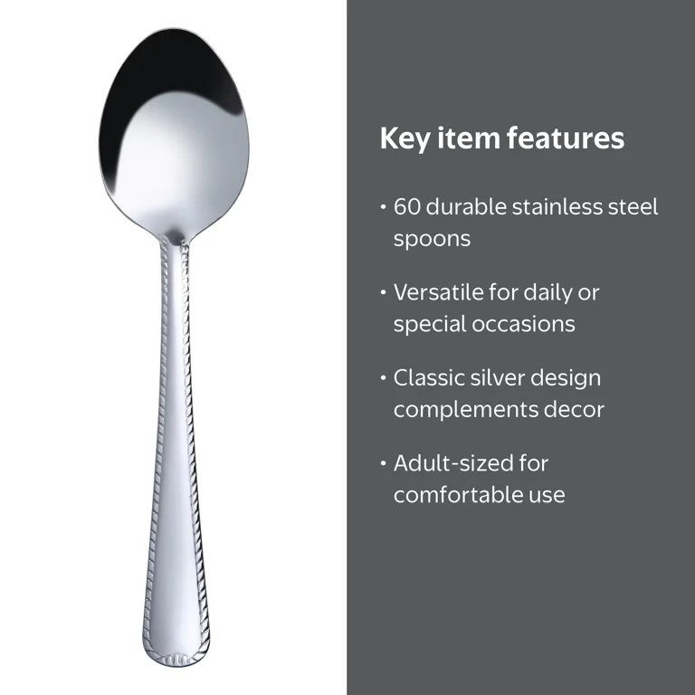 Mainstays Lace Stainless Steel Silver Adult Dinner Spoon, 4- Piece