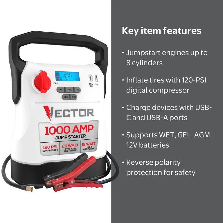 Vector VECJ1C 12V , 1000A Jump Starters with Compressor and USB