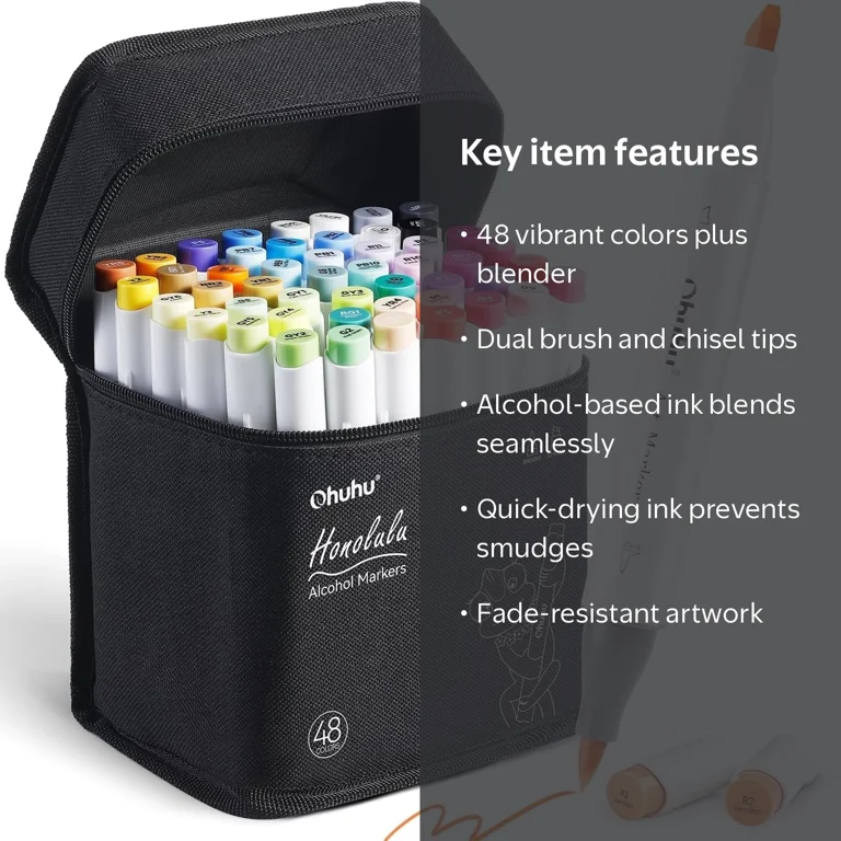 Ohuhu Alcohol Markers Brush Tip 48-Color Set - Brush & Chisel Tips