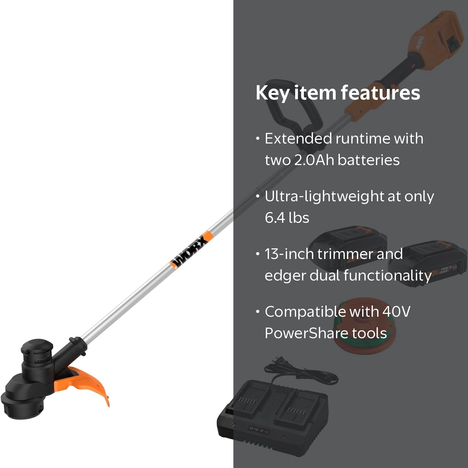 WORX, Grass and Weed String Trimmer, WG183, 40V Cordless 13