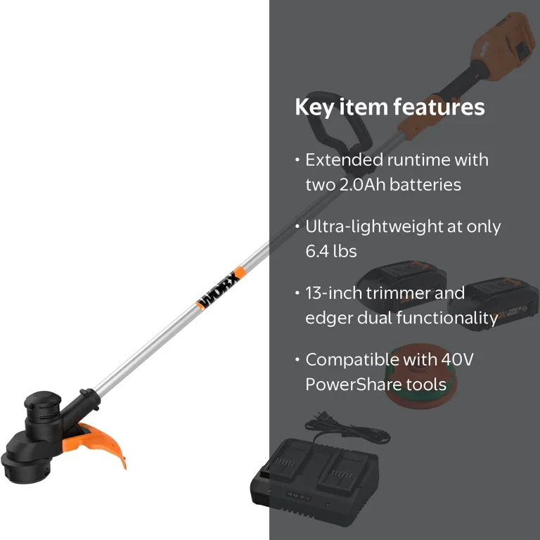WORX, Grass and Weed String Trimmer, WG183, 40V Cordless 13