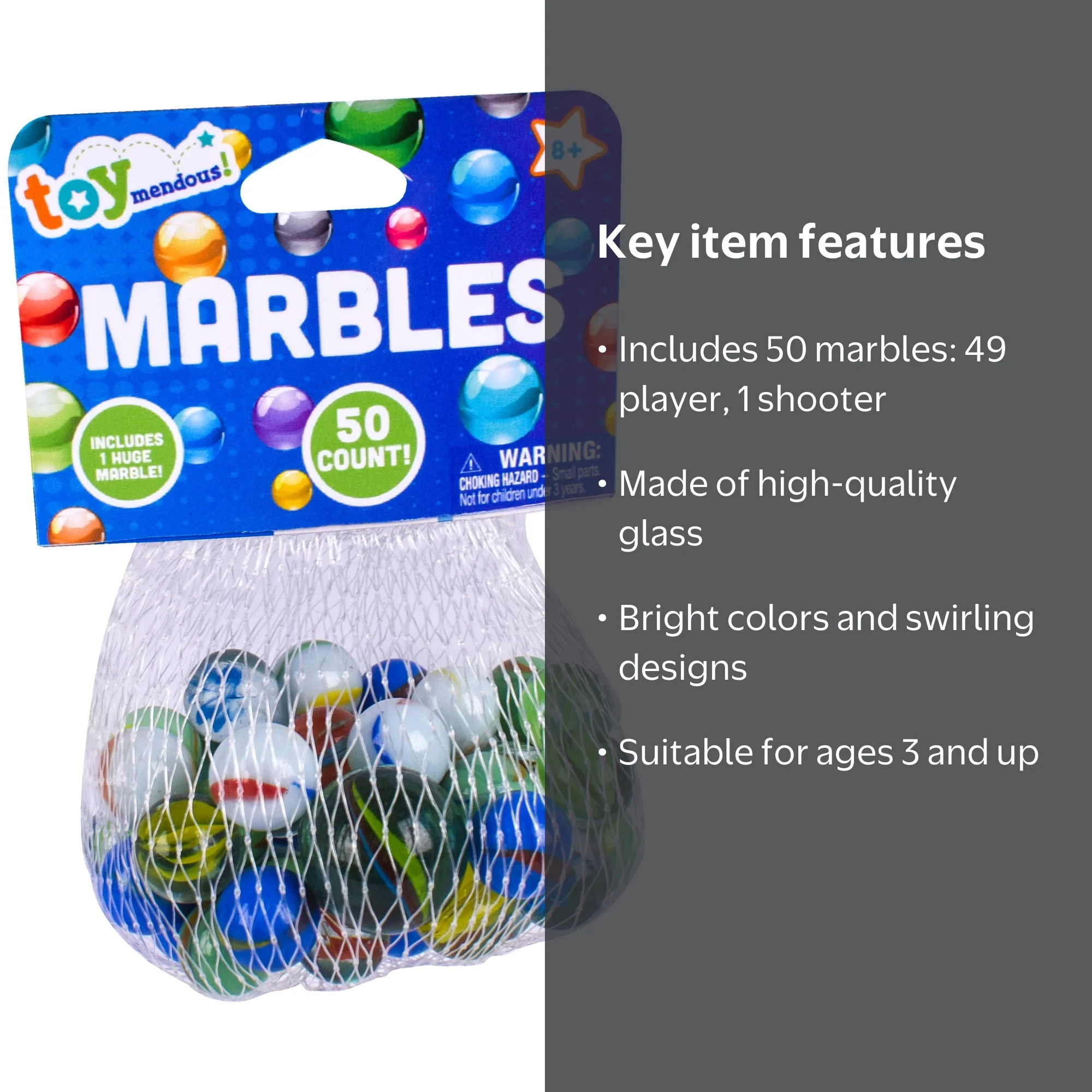 Toymendous 50 Piece Marbles, Multicolor Glass, Includes Big