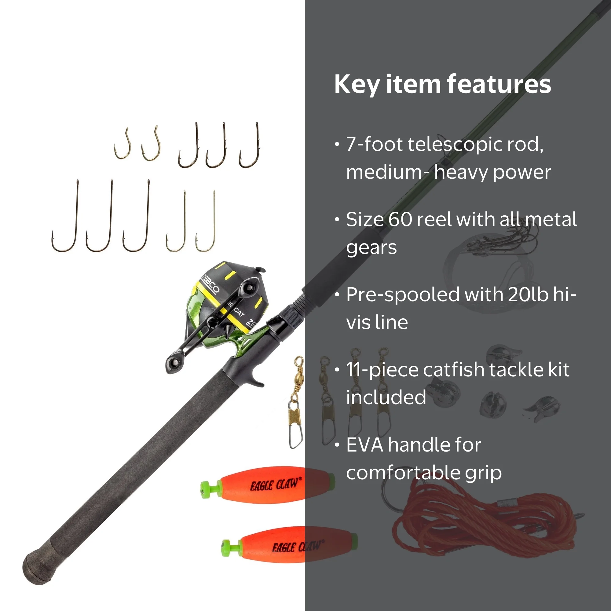 Zebco, Big Cat Spincast Reel and Fishing Rod Combo, 7 Foot, Green