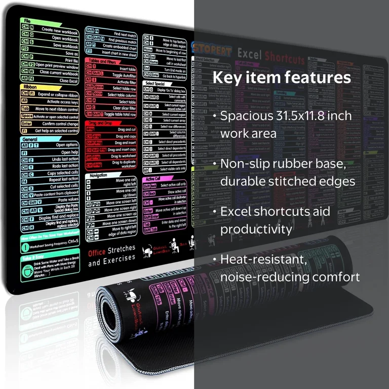 Office Excel Cheat Sheet Desk Pad Mat, XL Excel Shortcuts Mouse