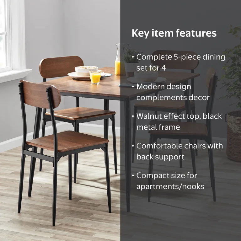 Mainstays 5-Piece Modern Wood & Metal Dining Room Set, Walnut 