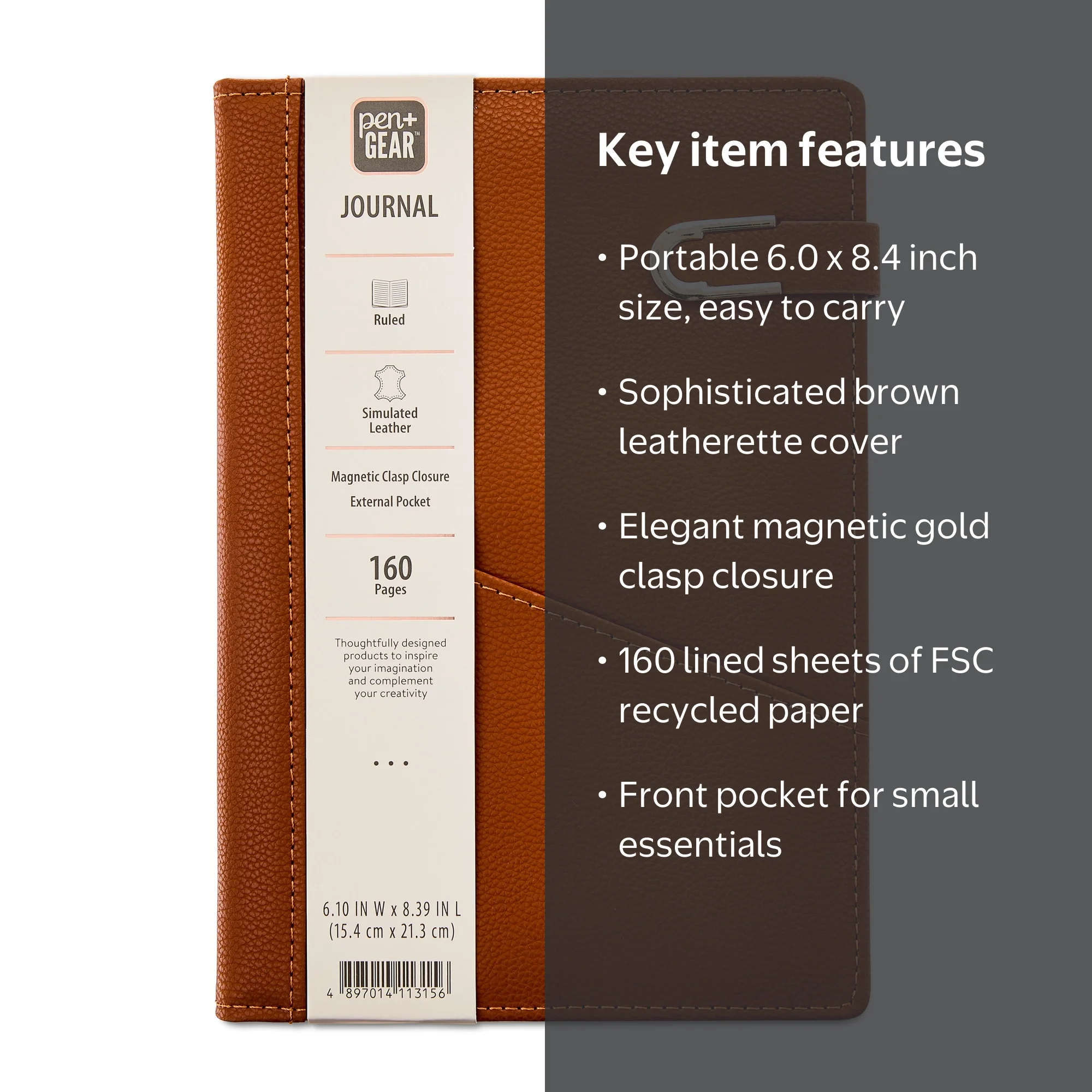 Pen+Gear Upscale Leatherette Journal, Brown Color, Magnetic Gold