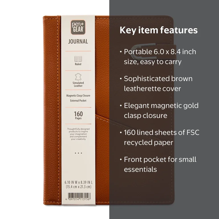 Pen+Gear Upscale Leatherette Journal, Brown Color, Magnetic Gold
