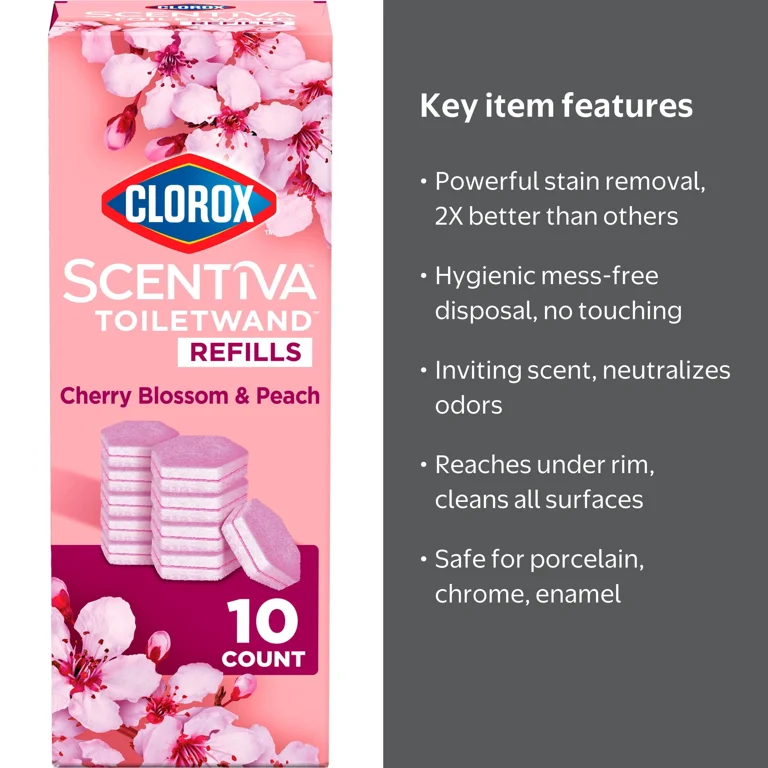 Clorox Scentiva ToiletWand Refills, Cherry Blossom and Peach, 10