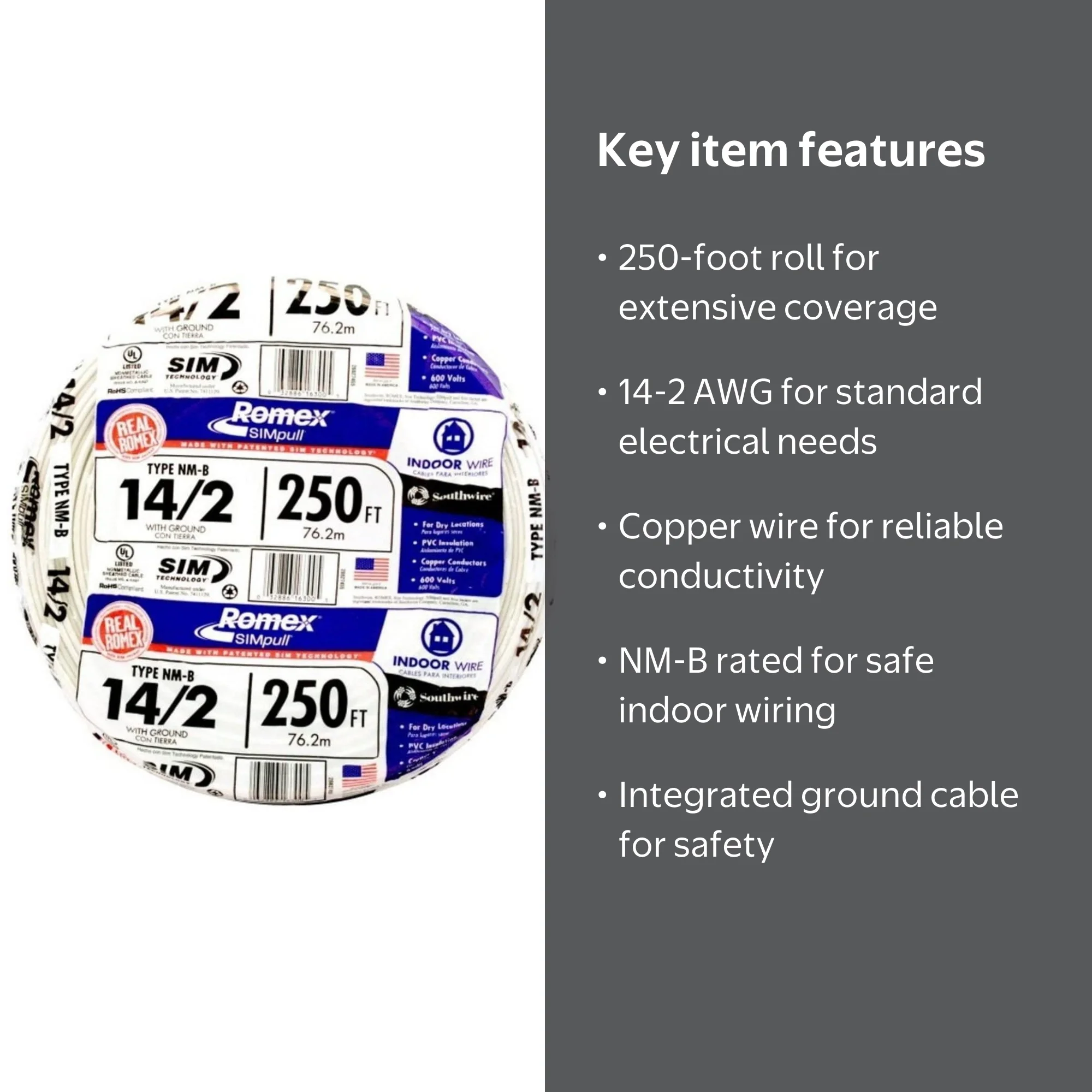Romex 250 Roll 14-2 AWG NM-B Indoor Electrical Copper Wire with
