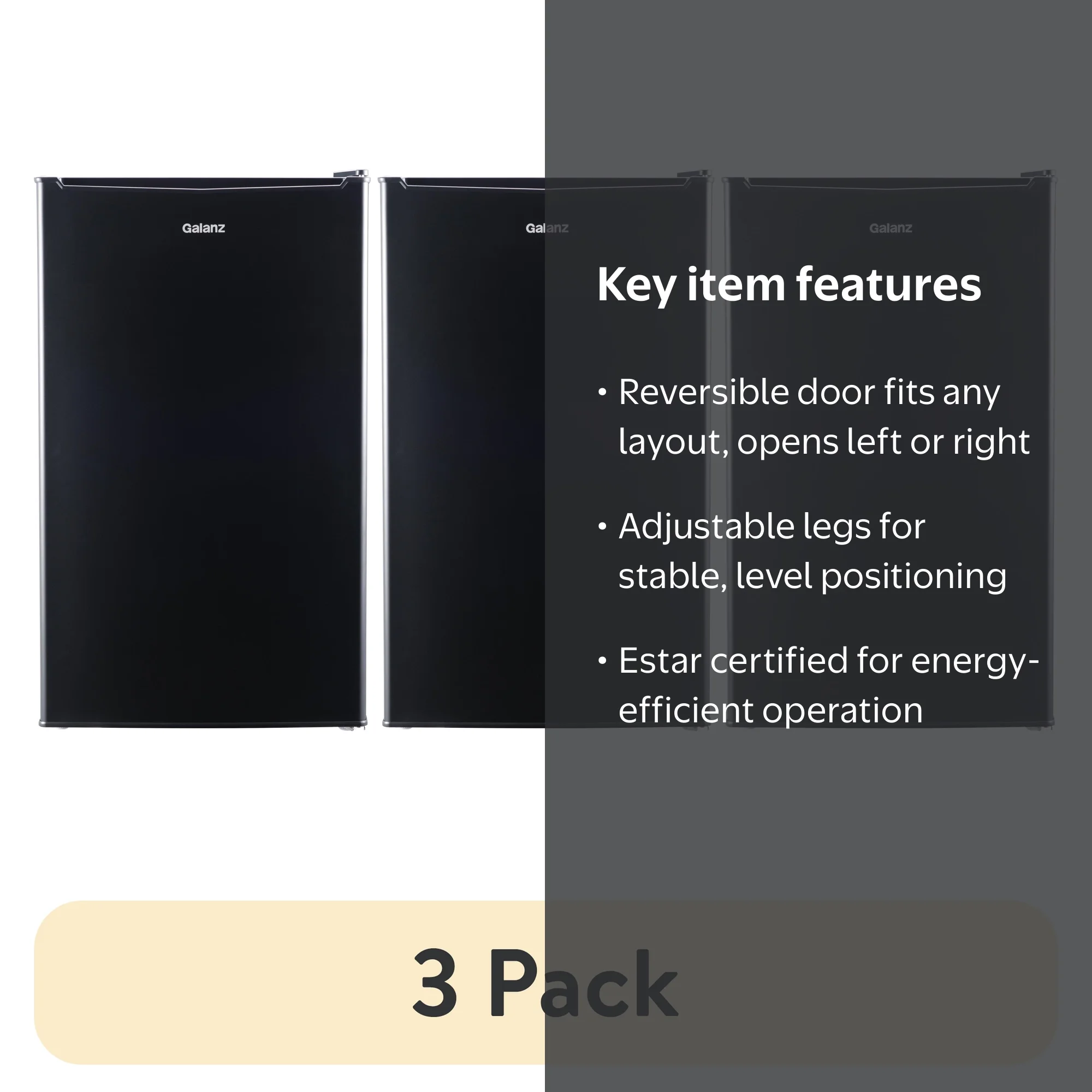 3 pack) Galanz 3.3 Cu Ft Compact Refrigerator, Black One Door Mini