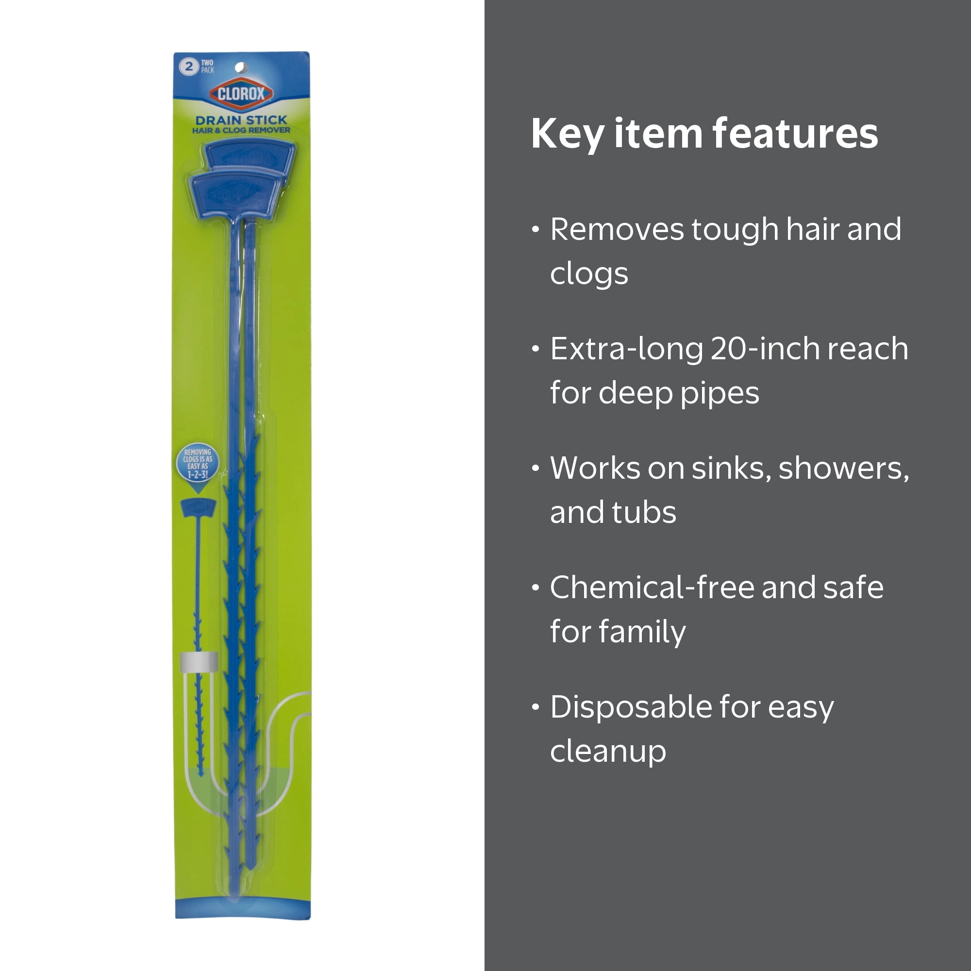 Clorox 20-inch Hair and Drain Clog Remover Sticks for Bathroom