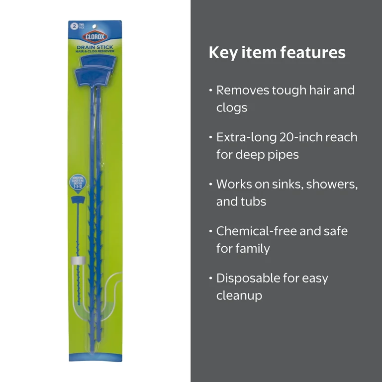 Clorox 20-inch Hair and Drain Clog Remover Sticks for Bathroom