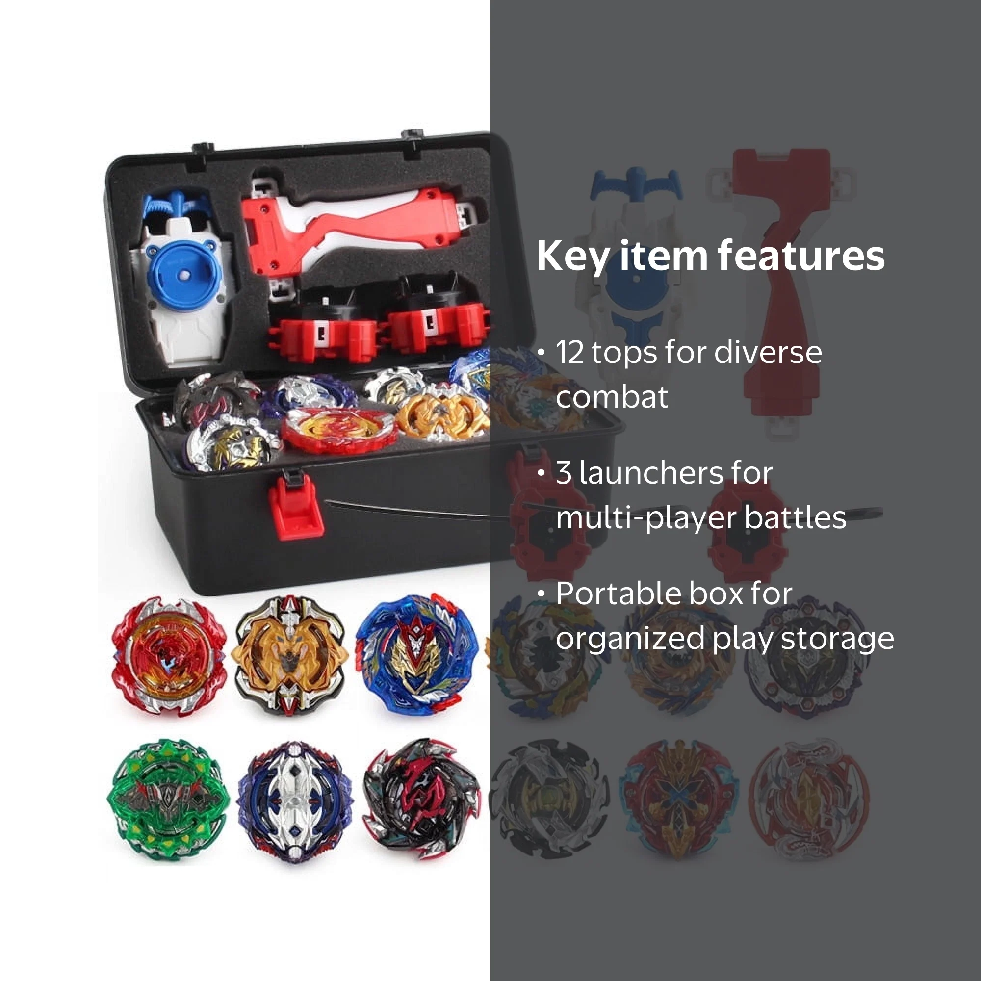 Battling Top Burst Gyro 12 Spinning Tops 3 Launchers with Storage