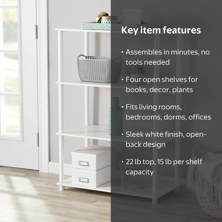 Mainstays No Tools 4-Shelf Bookcase, White - Walmart.com