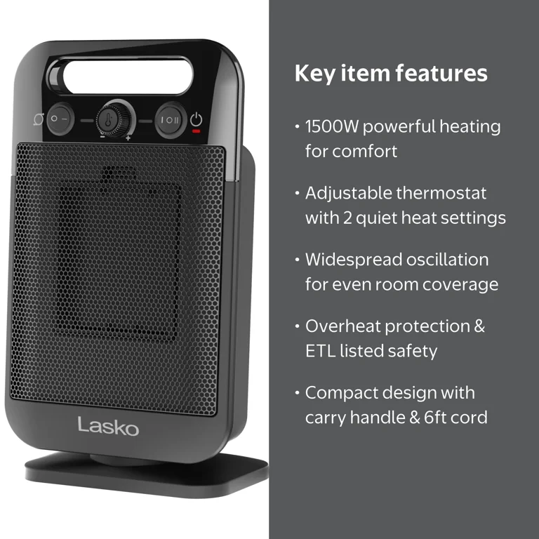 Lasko MyHeat-Go CD12100 Black 1500W 2 Speed, Oscillating Ceramic