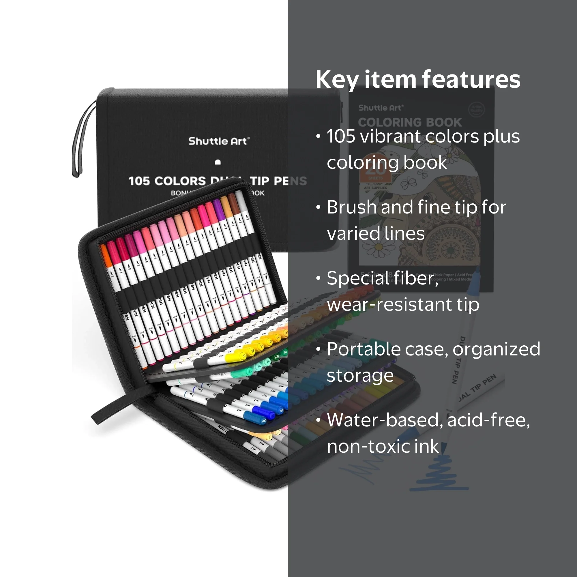 Shuttle Art Dual Tip Brush Markers Set, 105 Colors with Case and