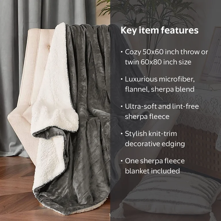 JML Warm Reversible Sherpa Fleece Throw Blanket, Gray, Standard