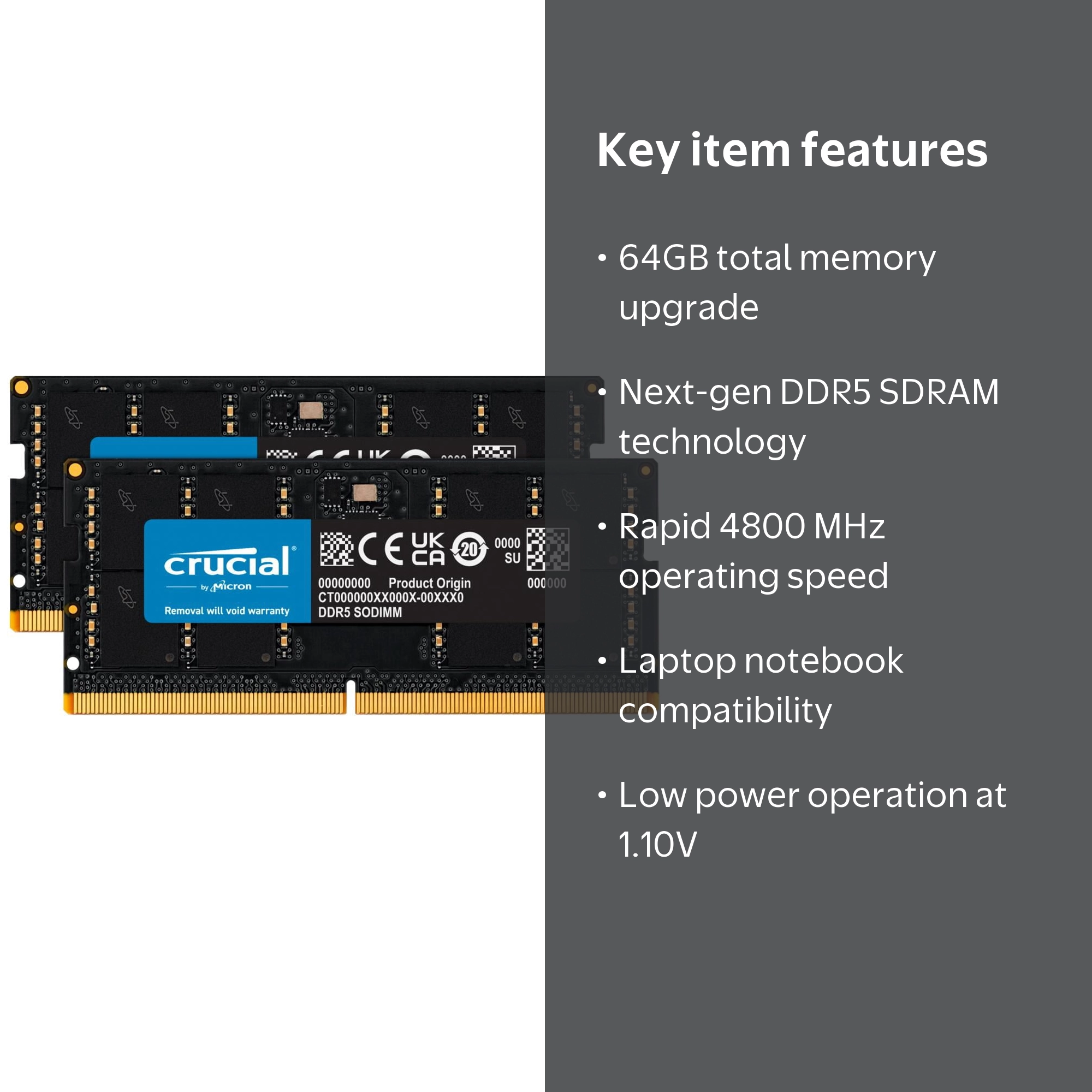 Crucial, DDR5 SDRAM Memory Kit, 64 GB, 2 x 32GB, 4800 MHz