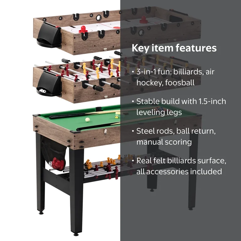 DREAMADE Table Jeu 3-en-1 – Baby-foot, Air Hockey, Billard – 123x58x83cm, Accessoires Inclus, Salle De Jeux