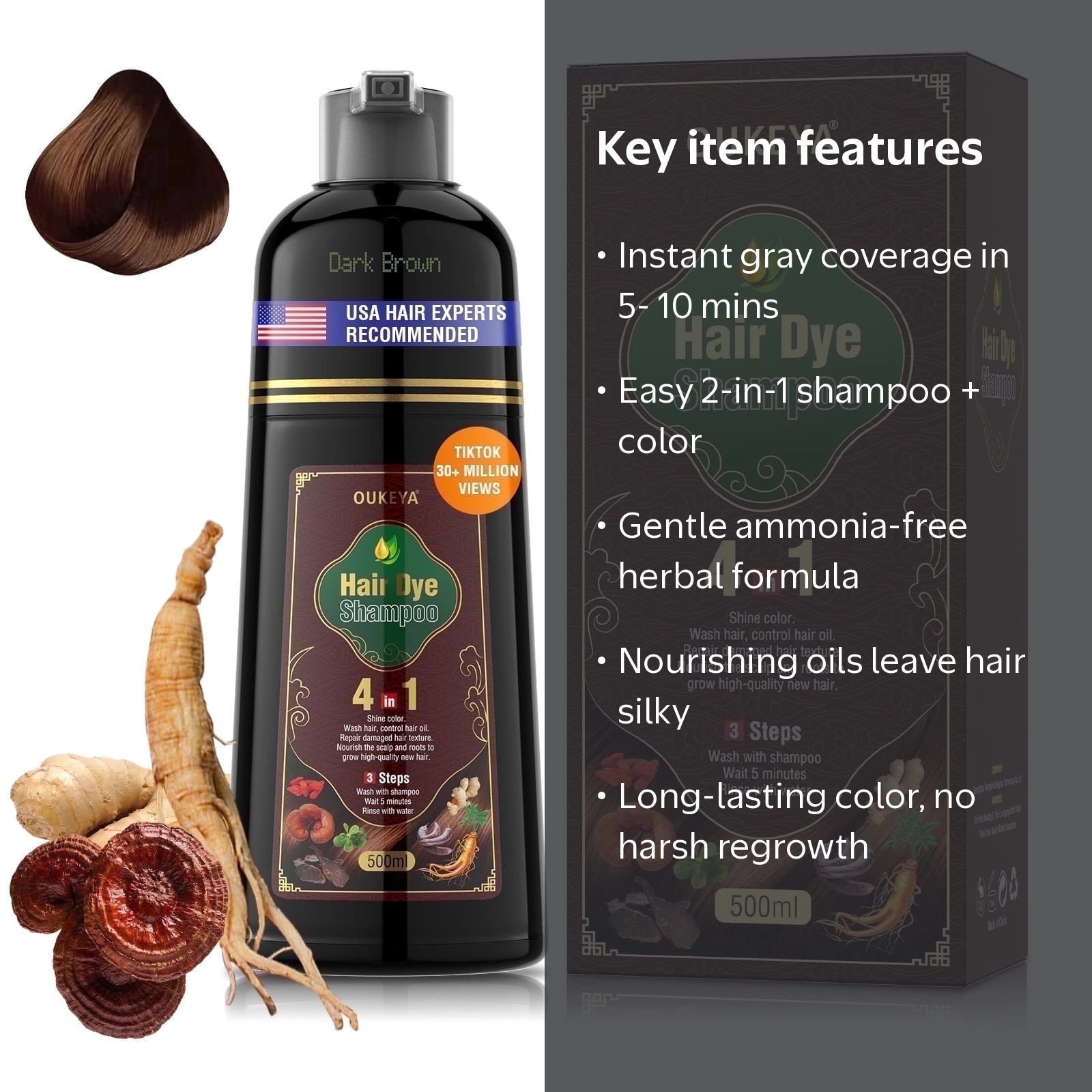 OUKEYA Dark Brown Hair Dye 4-in-1 Gray Coverage for Women and Men