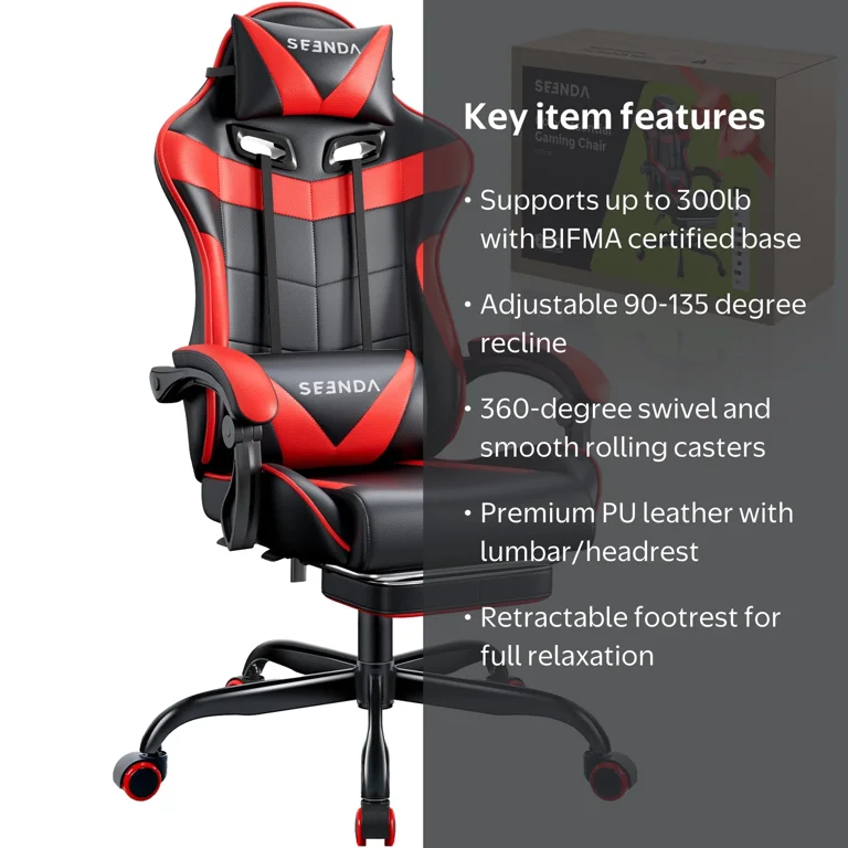 Seenda Gaming Chair, Ergonomic Reclining Adjustable Chair with