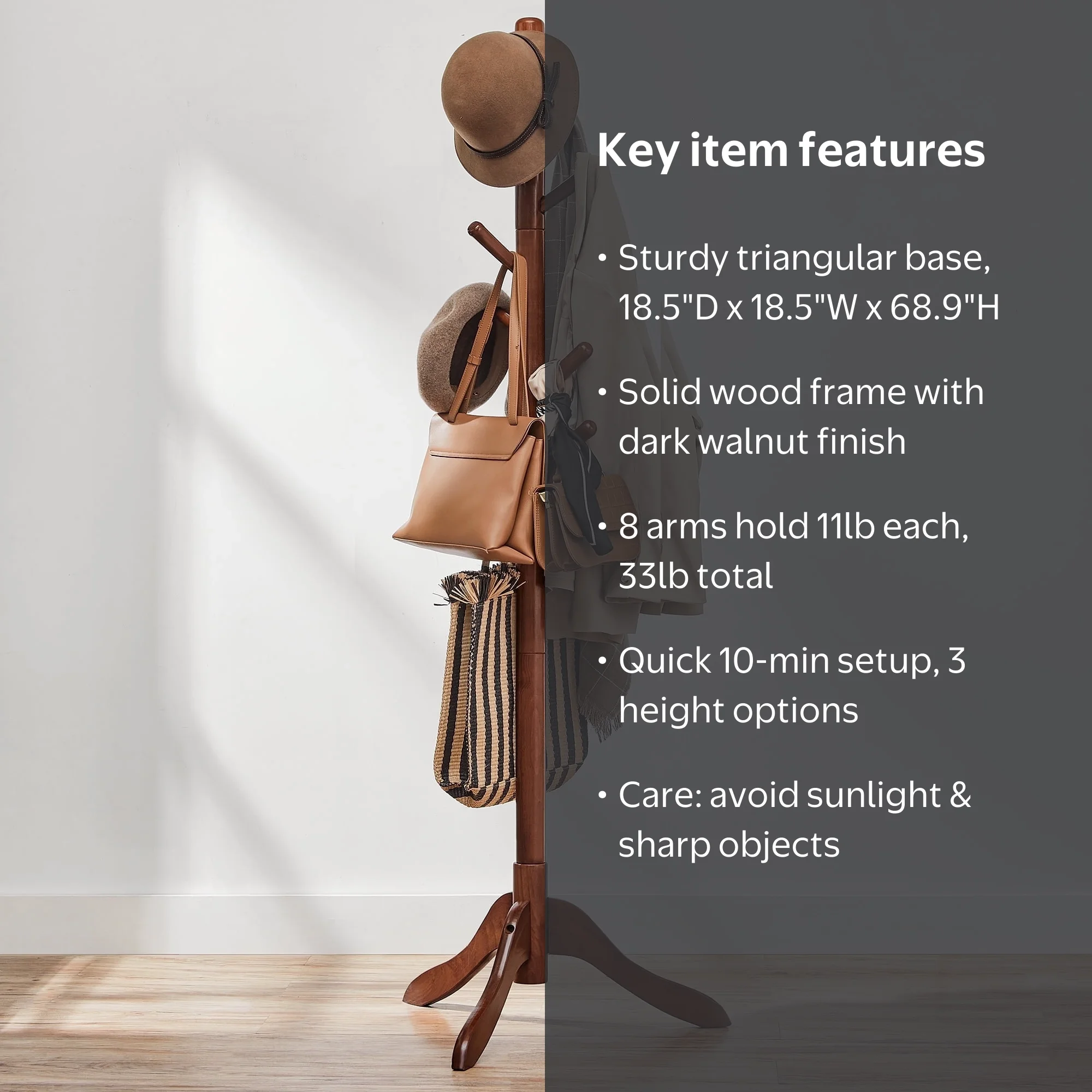 VASAGLE, Coat Rack, Tree-Shaped Solid Wood with 8 Hooks, Dark