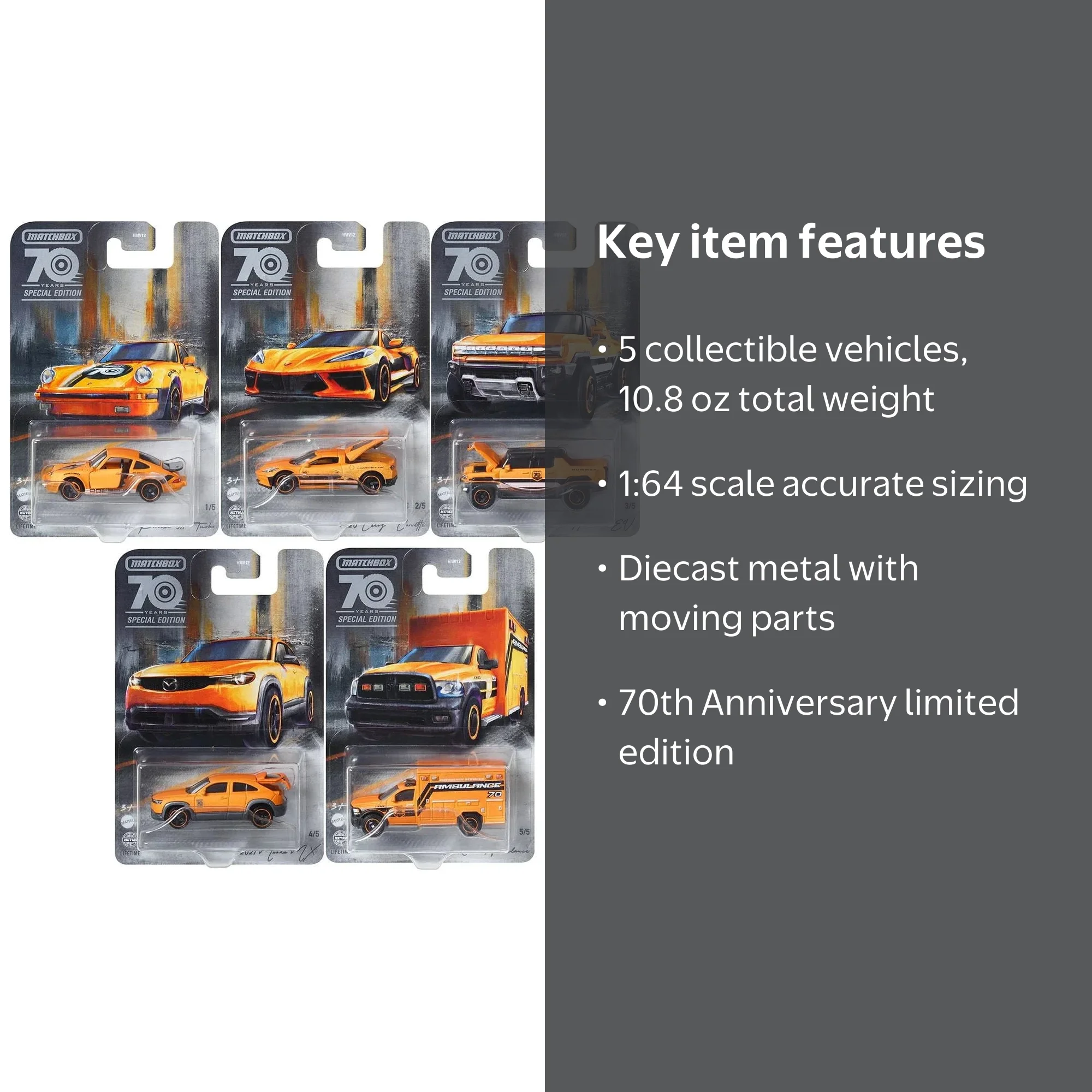 Matchbox 70th Anniversary Pack of 5 Moving Parts Cars, 1/64
