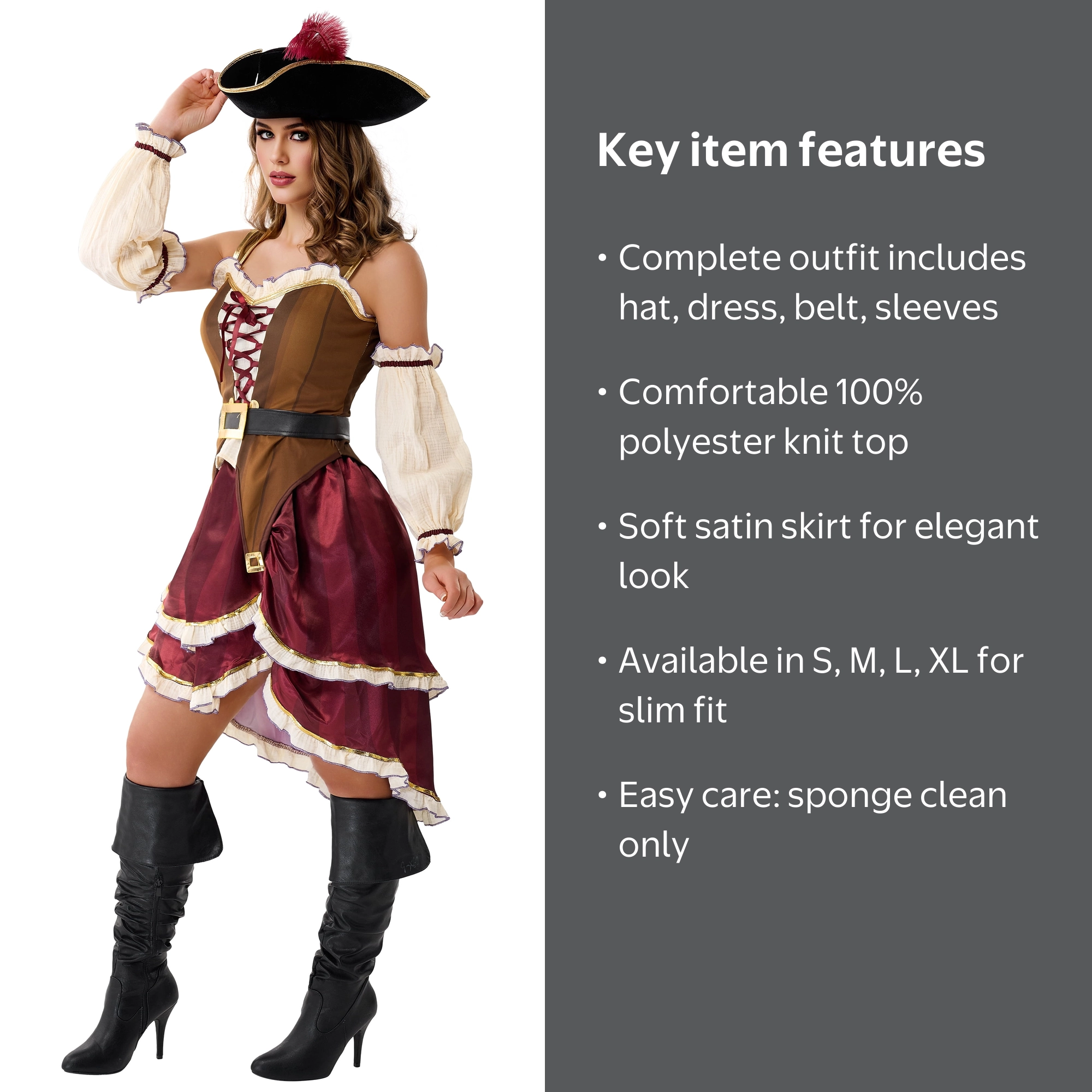 party city pirate dress Joyfy Women Halloween Costume, Pirate Captain for Adult Brown Pirate Dress with Hat and Belt for Halloween Cosplay Party Decor-L
