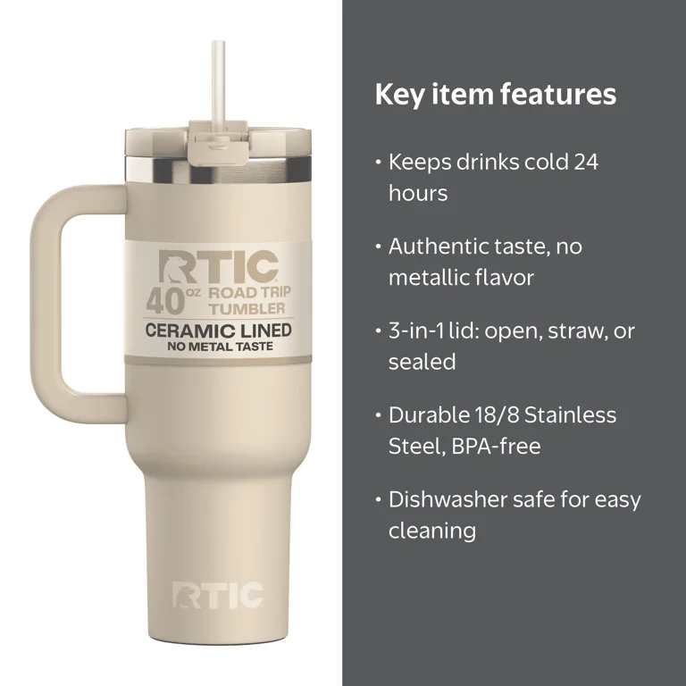 RTIC, Road Trip Tumbler, Ceramic-Lined 40 oz, Straw Lid - Walmart.com