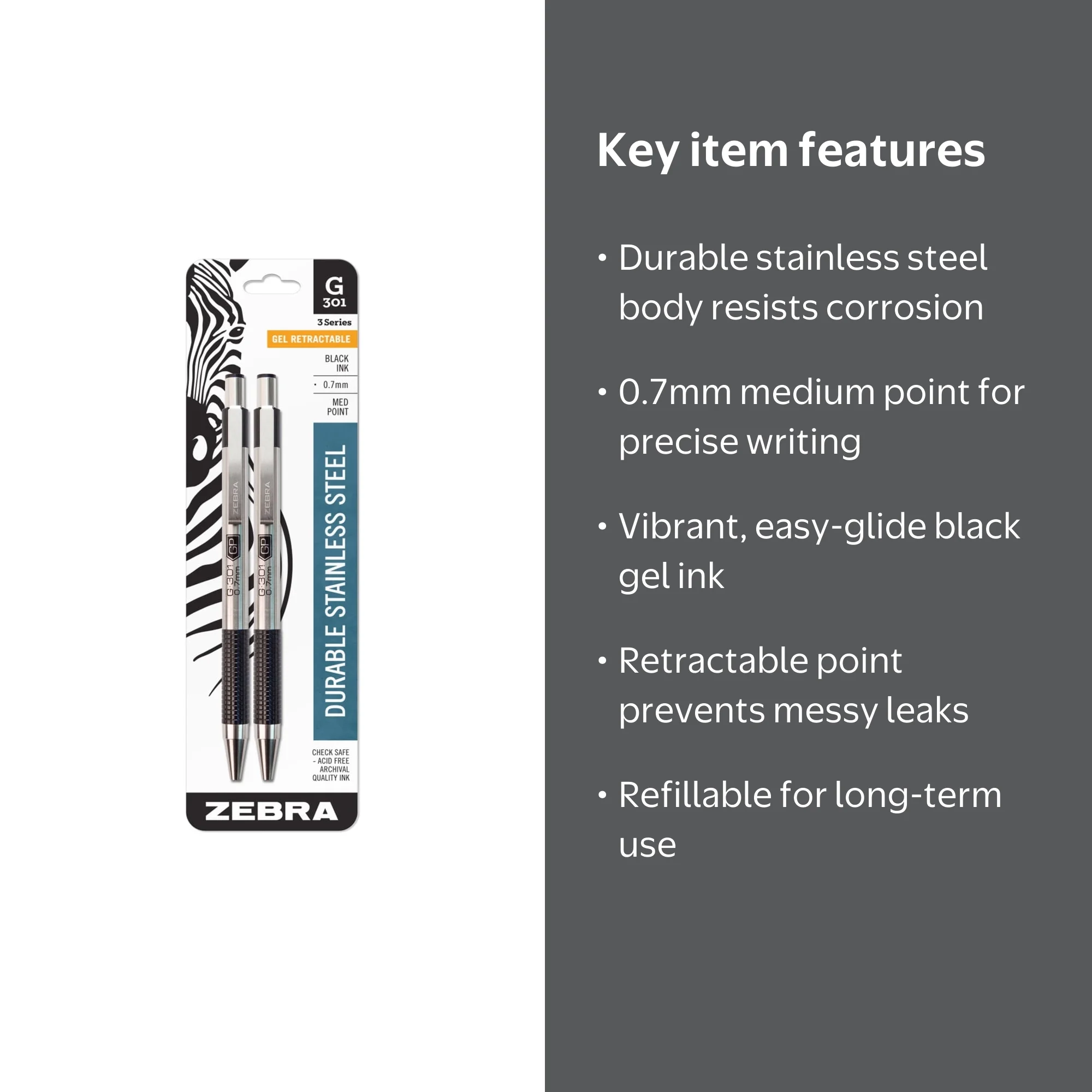 Zebra, Gel Pen, G-301, Stainless Steel Retractable 0.7mm, Black