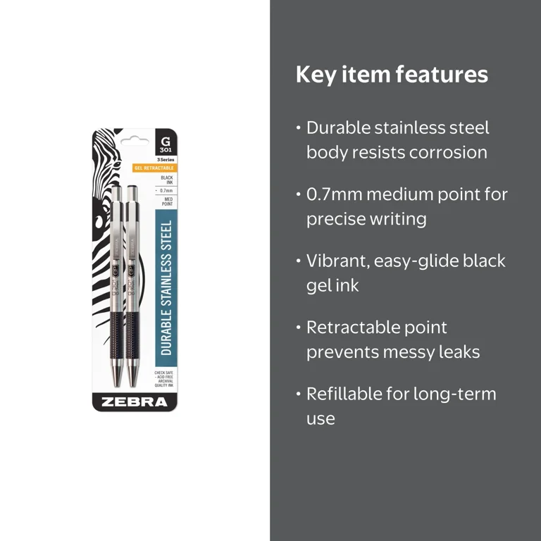 Zebra, Gel Pen, G-301, Stainless Steel Retractable 0.7mm, Black
