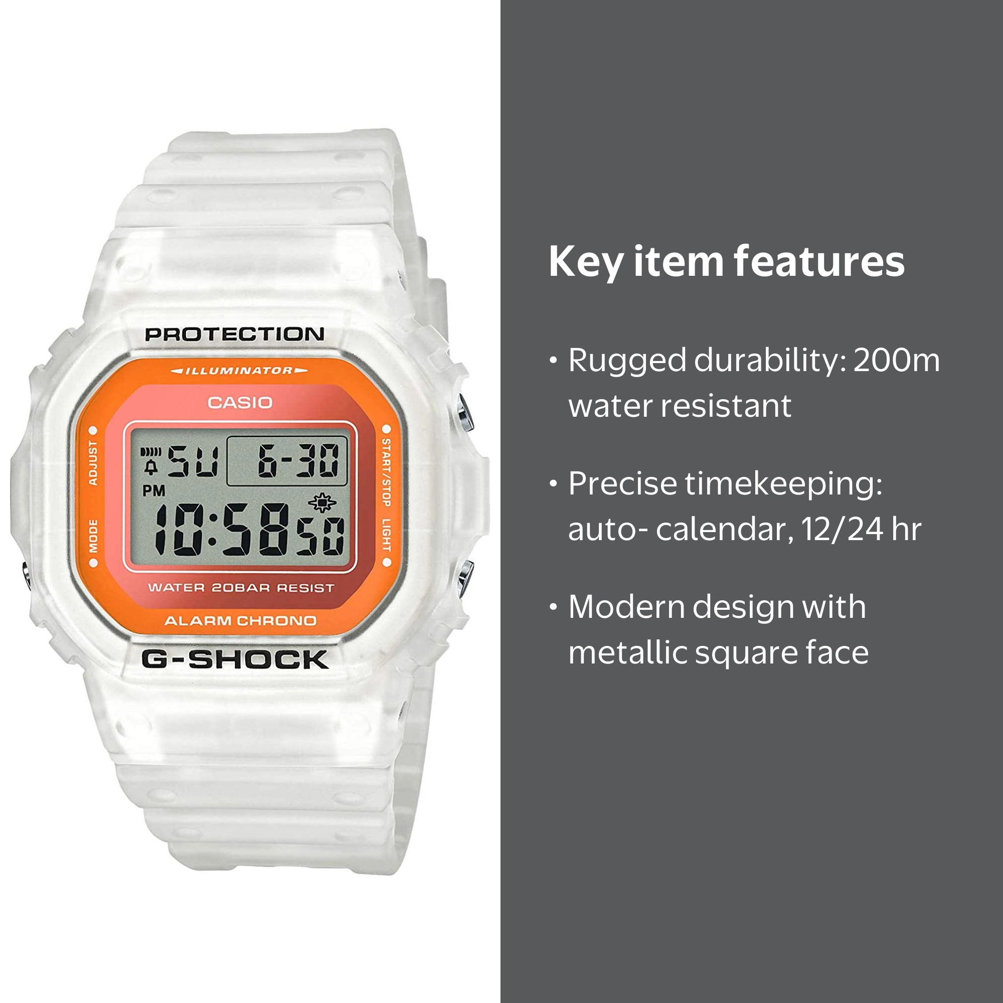 Casio G-Shock DW5600LS-7 Unisex Watch, Fluorescent White & Orange