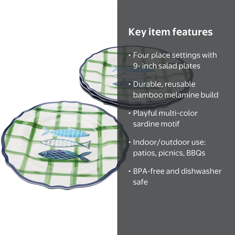 Beautiful Sardine Multi-Color Bamboo Melamine 9 in Salad Plates, 4
