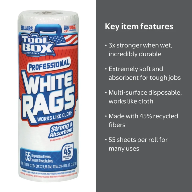 ToolBox® Professional White Rags: Multi-Surface Cleaning
