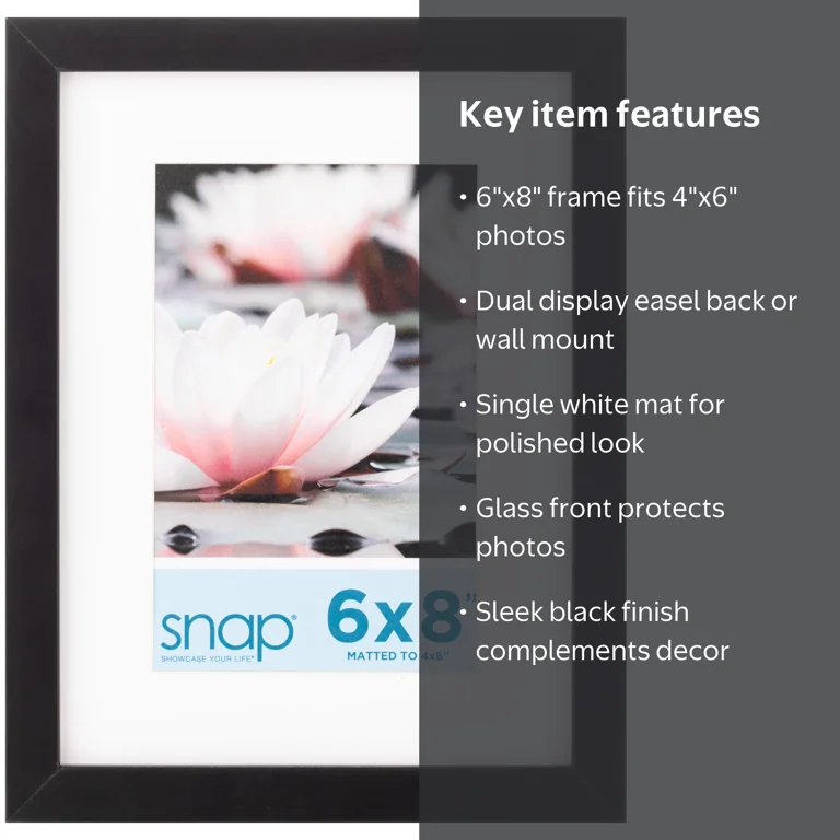Snap Black 6x8 Picture Frame, Tabletop and Wall Mount, White Mat Snap Black 6x8 Picture Frame, Tabletop and Wall Mount, White Mat